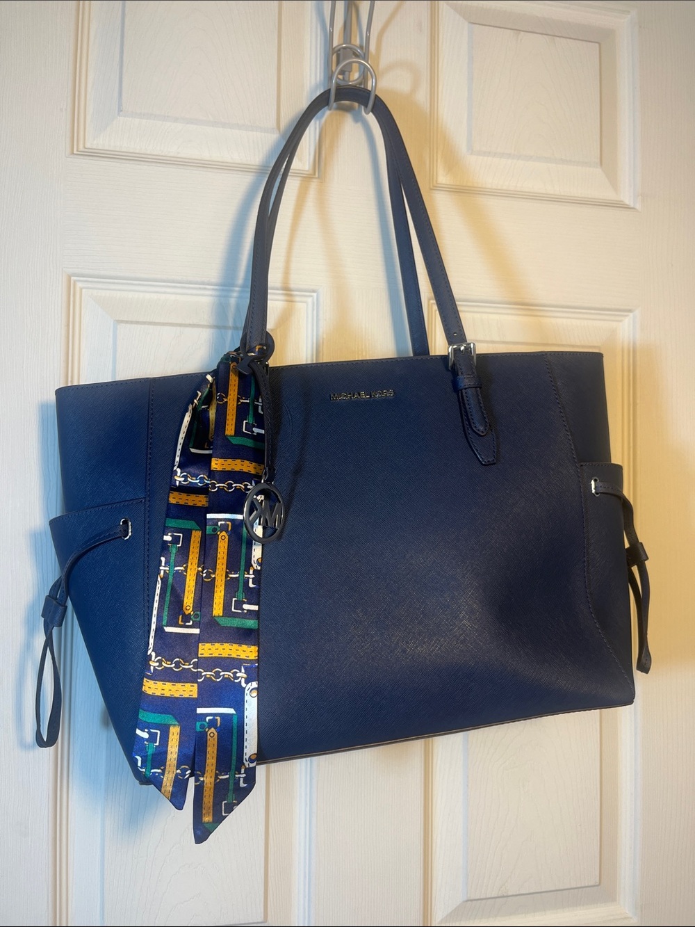 Michael Kors Navy Saffiano Tote with Scarf Accent